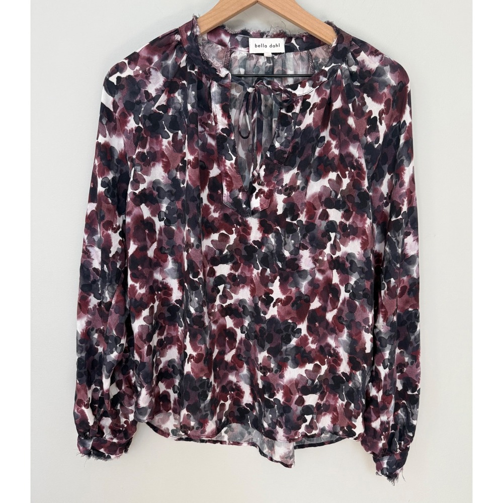 Bella Dahl Women's Top Long Sleeve Abstract Floral Split Tie Neck Blouse Size L